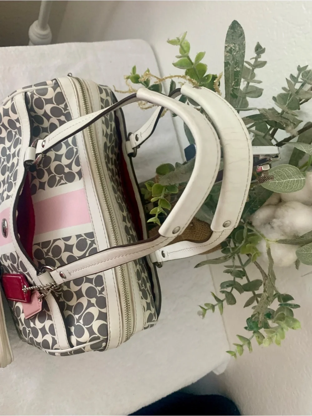 Coach Heritage Signature Cream and Gray Patterned Handbag with Pink Accent